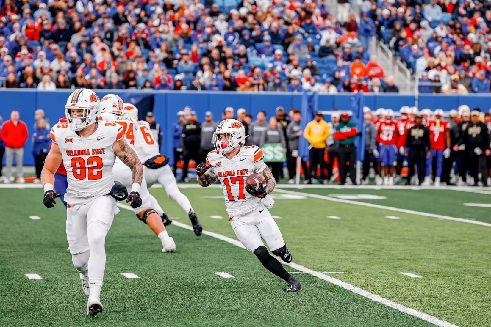 Image of Oklahoma State Cowboy Football vs Kansas Taken Saturday, November 1, 2025, David Booth Kansas Memorial Stadium, Lawrence, KS. Cole_Gueldenzoph/OSU Athletics