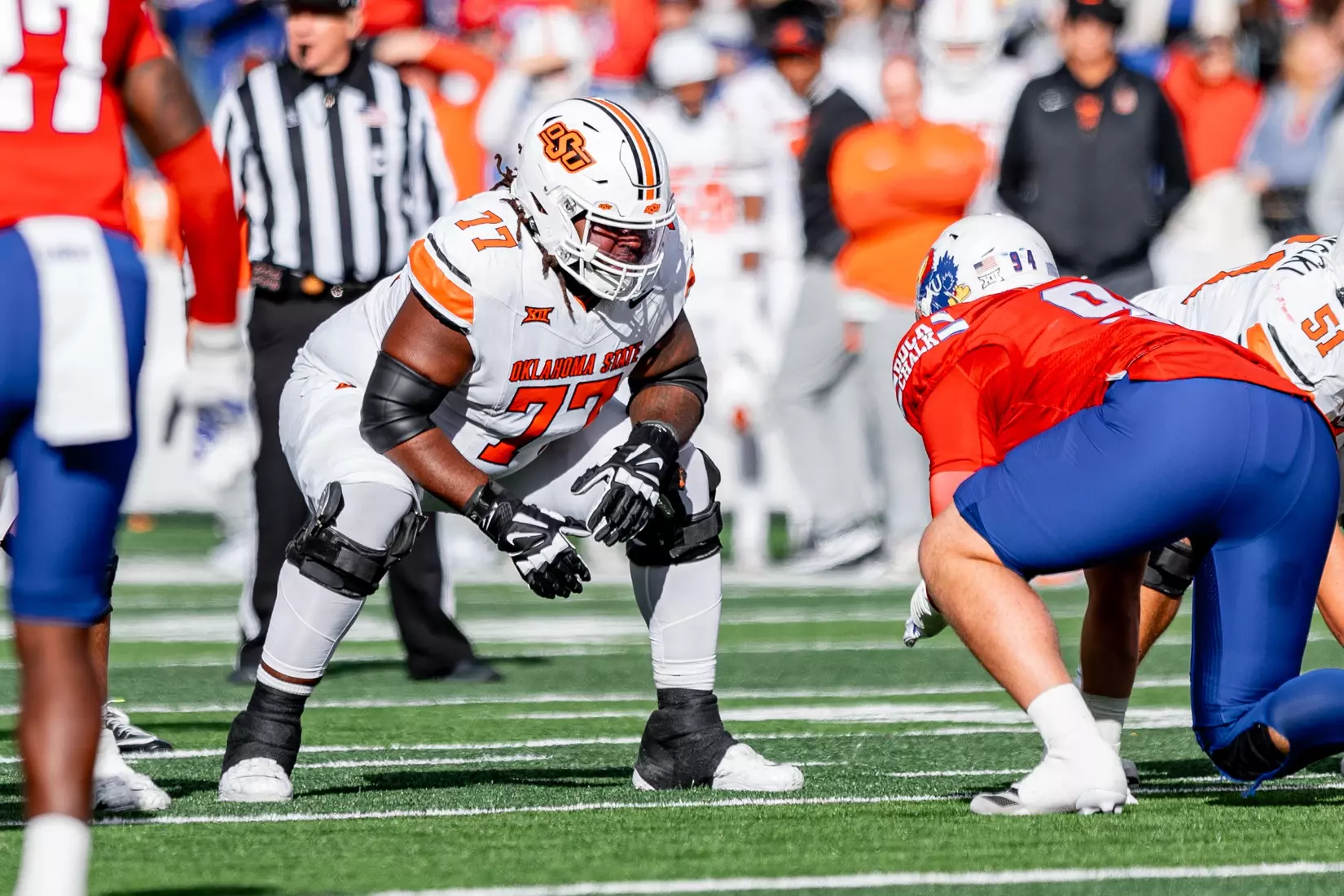 Image of Oklahoma State Cowboy Football vs Kansas Taken Saturday, November 1, 2025, David Booth Kansas Memorial Stadium, Lawrence, KS. Jerod_Hill/OSU Athletics