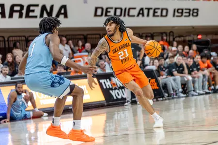 Image Taken at the Oklahoma State Cowboys vs Kansas City Kangaroos Basketball Game, Thursday, December 18, 2025, Galagher-Iba Arena, Stillwater, OK. Bruce Waterfield/OSU Athletics