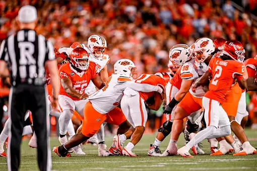 Oklahoma State defensive lineman Braylon Rigsby makes a tackle at the line of scrimmage during the Cowboys' game against Houston on October 17, 2026 at TDECU Field.