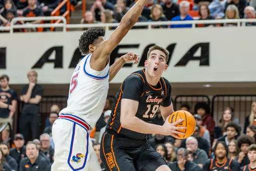 Image Taken at the Oklahoma State Cowboys vs Kansas Jayhawks Basketball Game, Wednesday, February 18, 2026, Galagher-Iba Arena, Stillwater, OK. Bruce Waterfield/OSU Athletics
