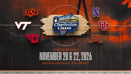 Logos of the six teams in the 2026 Charleston Classic field -- OSU, Dayton, Minnesota, Northwestern, Utah, Virginia Tech