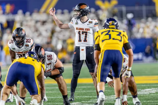 Image Taken at the West Virginia Mountaineers vs Oklahoma State Cowboys Football Game, Saturday, September 26, 2026, Milan Puskar Stadium, Morgantown, WV. Bruce Waterfield/OSU Athletics