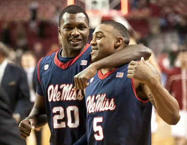 Nick Williams and Dundrecous Nelson celebrate the win over Arkansas.