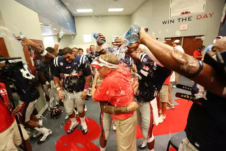 Freeze was doused with water bottles after Saturday's win over Auburn (photo by Joshua McCoy).