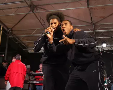 Ferbia Allen and Jason Jones fire up the Rebel crowd at Friday's pep rally (photo by Joshua McCoy)