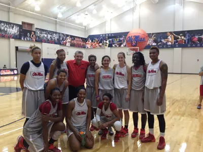 Van Chancellor stopped by practice on Thursday to talk to the Ole Miss women's basketball team.