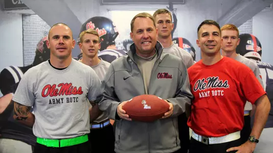 Pictured from left to right, Master Sgt. Matt Hayes, Cadet John Bolding, Hugh Freeze, Cadet Chris Reeves, Lt. Col. Scott Walton and Cadet Nick Thornhill.