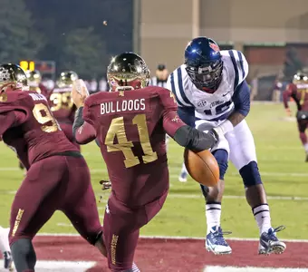 Collins Moore blocks the Mississippi State punt (photo by Joshua McCoy)
