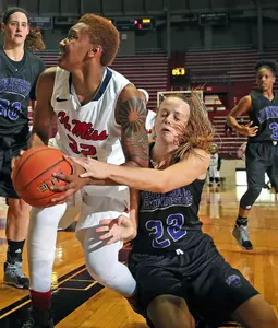 Tia Faleru picked up her seventh double-double with 24 points and 13 rebounds at South Alabama.