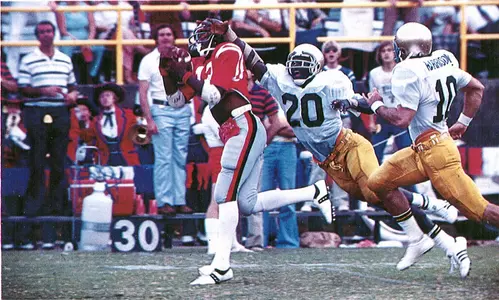 Coleman makes a catch against Notre Dame in a Rebel victory over the eventual national champ.