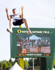 Sam Kendricks celebrates on the descent of his NCAA winning pole vault (photo by Joshua McCoy).