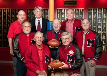 These eight members of the 1963 Ole Miss football squad will join their teammates for a special reunion of the SEC champs when they return to campus Oct. 12. They include, front row, from left, Perry Lee Dunn and Larry Leo Johnson; second row, from left, John Richardson, Fred Roberts and Frank Kinard, Jr.; third row, from left, Bob Bailey, Joe Wilkins and Bobby Robinson.