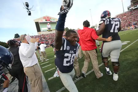 Mike Hilton celebrates during Ole Miss' win over Alabama. (photo by Joshua McCoy)