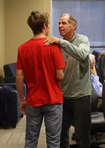 The 1968 and 2014 Ole Miss men's cross country teams meet during the '68 team reunion on campus. (photo by Joshua McCoy)