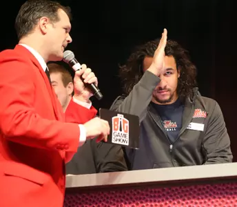 Cody Prewitt and teammates compete in Football Feud, the final event of the Battle of Bowl Week