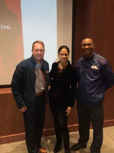 Soledad O'Brien with head football coach Hugh Freeze and head track and field/cross country coach Brian O'Neal.