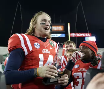 The Rebels' last trip to LP Field resulted in a Music City Bowl victory and MVP trophy for Bo Wallace. (photo by Joshua McCoy)