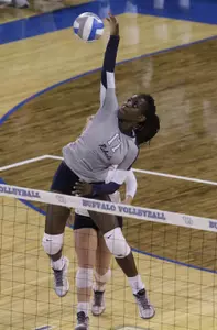 Marie-Pierre Bakima posted a double-double of 10 kills and 13 digs in the win over Lehigh.