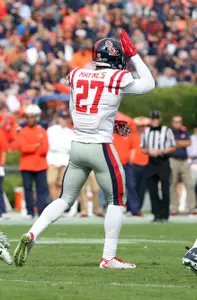 Marquis Haynes gave the "fins up" after a sack at Auburn. (photo by Joshua McCoy)