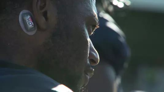 Rebel LB CJ Johnson wearing the X2 impact sensors during 2015 spring practice.