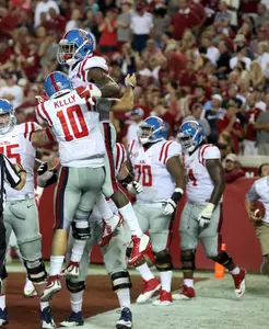 Chad Kelly and Laquon Treadwell celebrate a touchdown in Tuscaloosa last week. (photo by Joshua McCoy)