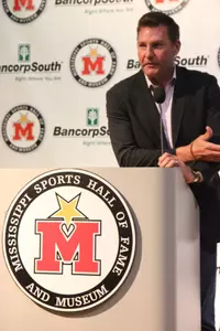Wesley Walls speaks at the press conference announcing the 2016 Mississippi Sports Hall of Fame class. (photo by Elwin Williams)