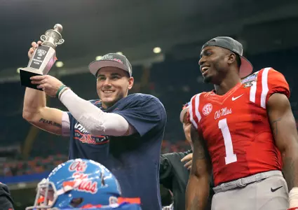 Sugar Bowl MVP Chad Kelly and his prime target Laquon Treadwell celebrate the Rebels' 48-20 victory over Oklahoma State. (photo by Joshua McCoy)