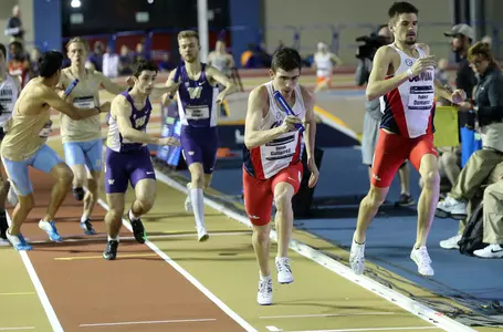Robert Domanic hands off to Derek Gutierrez during the NCAA distance medley relay. (photo by Joshua McCoy)