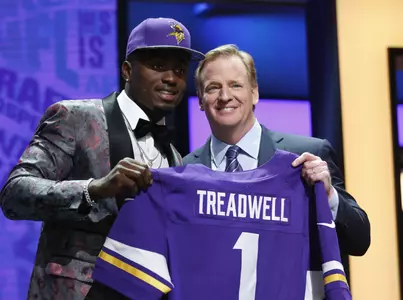 Laquon Treadwell with NFL commissioner Roger Goodell after being selected by the Minnesota Vikings as the 23rd overall pick in the first round of the 2016 NFL Draft at Auditorium Theatre. (photo by Kamil Krzaczynski-USA TODAY Sports)