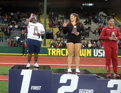 Raven Saunders on the awards podium at Eugene's Hayward Field (photo by Joshua McCoy)