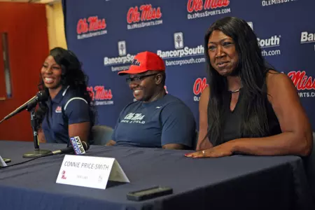 Gwen Berry, Raven Saunders and Connie Price-Smith met with media on Wednesday. (photo by Petre Thomas/Ole Miss Athletics)
