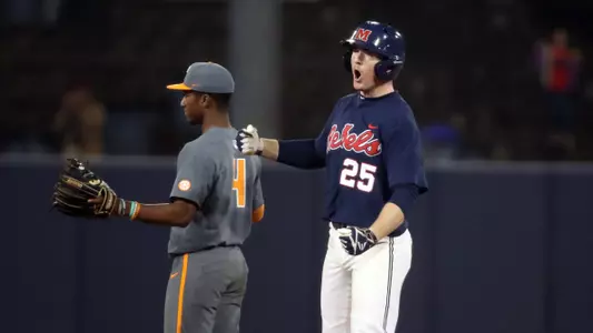 Ole Miss Baseball vs Tennessee in the SEC opener at Swayze Field in Oxford, MS.Tim Elko, IF, Lutz, Fla.Photo by Joshua McCoy/Ole Miss AthleticsInstagram and Twitter: @OleMissPixBuy Photos at RebelWallArt.com