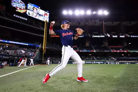 Ole Miss Baseball vs Texas on February 15, 2025 at Globe Life Field in Arlington, TX. 
Photo by Hannah Morgan White/Ole Miss Athletics 
@OleMissCreative