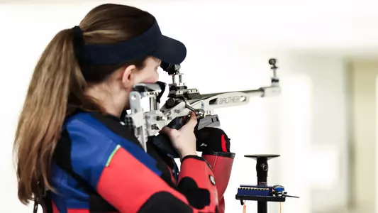 Ole Miss Rifle during the game against Memphis at Patricia C. Lamar National Guard Readiness Center in Oxford, MS on February 21, 2026. Photo by Antonella Rescigno, Student Photographer/Ole Miss Athletics.