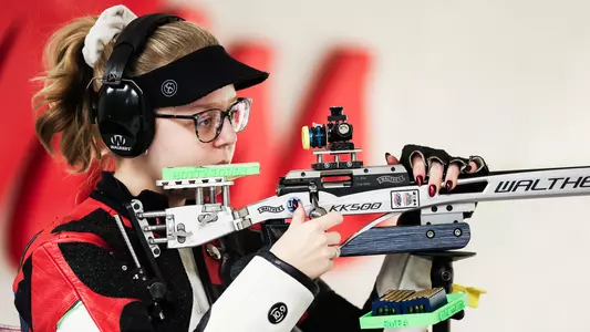 Ole Miss Rifle during the game against Memphis at Patricia C. Lamar National Guard Readiness Center in Oxford, MS on February 21, 2026. Photo by Antonella Rescigno, Student Photographer/Ole Miss Athletics.