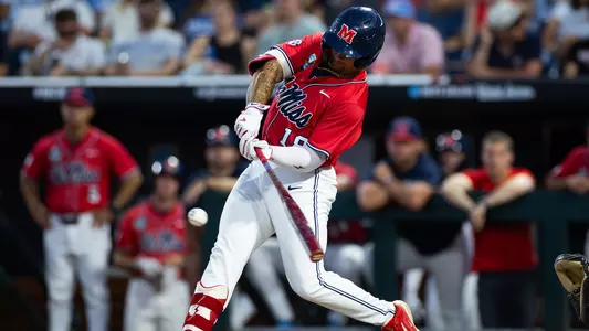 Ole Miss Baseball during the game against UNC at Charles Schwab Field in Omaha, Nebraska on June 12, 2026. Photo by Abby Miller, Student Photographer/Ole Miss Athletics.
