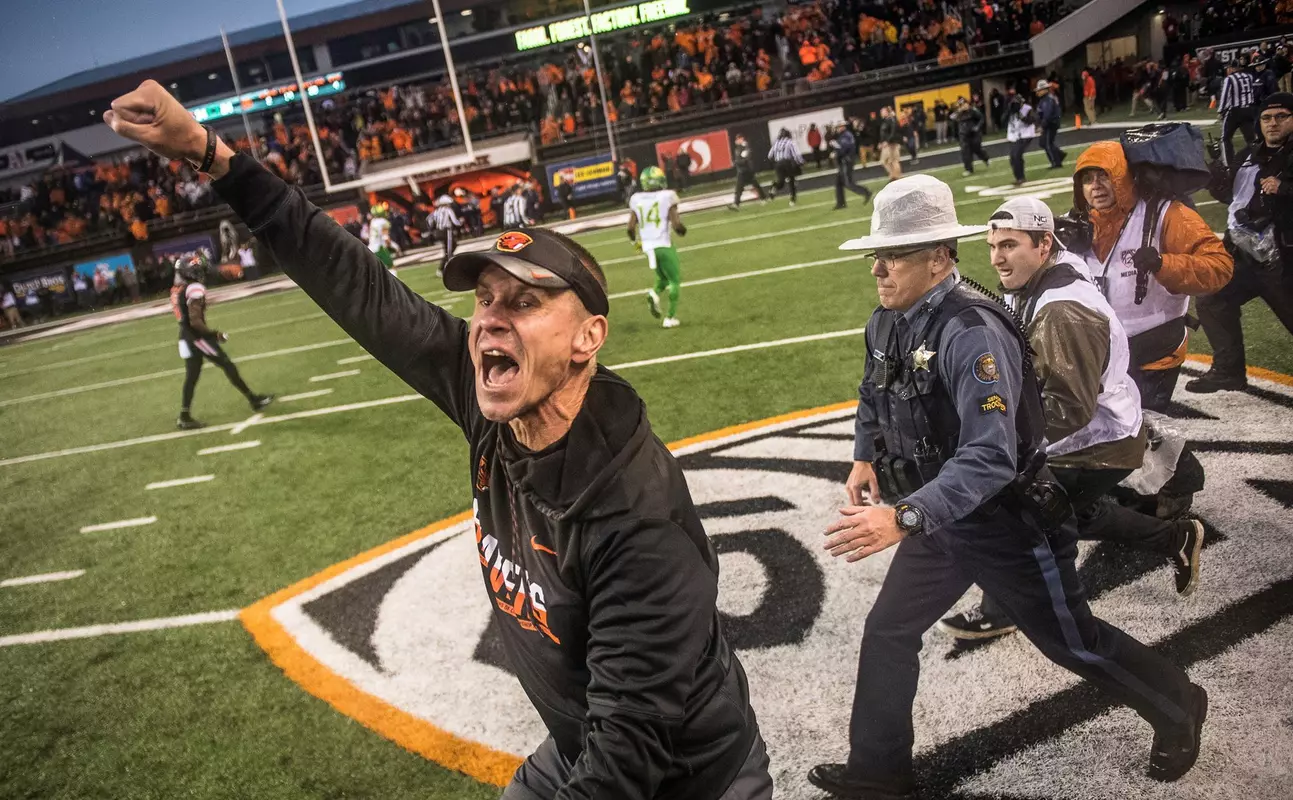 Coach Gary Andersen celebrates his first Civil War victory.