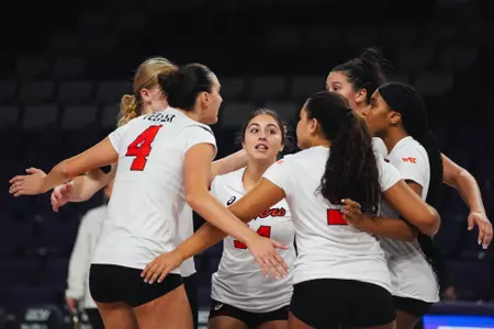 VB huddle vs Montana at GCU