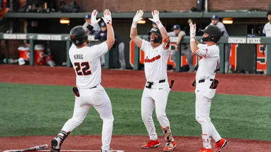 Jacob Krieg celebrates a home run on March 7, 2026
