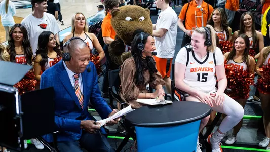 Lizzy Williamson chats at the TV desk with the WCC hosts