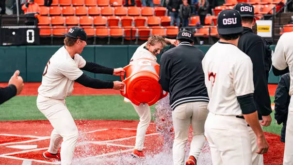 Easton Talt gets water dumped on him after a walkoff win against Cal Poly on April 12, 2026