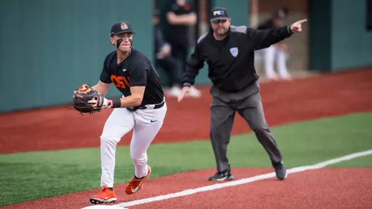 Paul Vazquez fields a ground ball at third base during the Beavers' series with Cal Poly in 2026