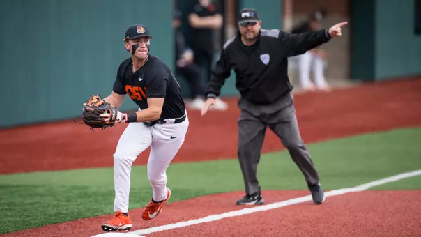 Paul Vazquez fields a ground ball at third base during the Beavers' series with Cal Poly in 2026