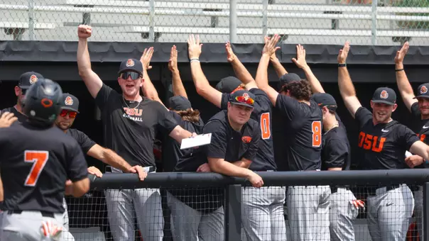 Oregon State celebrates after a scoring a run at Lamar on April 4, 2026