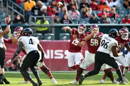Temple Owls quarterback ANTHONY RUSSO (15) throws a pass from the pocket during the American Athletic Conference football game played at Lincoln Financial Field in Philadelphia. Temple beat #20 Cincinnati 24-17 in overtime.