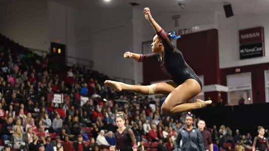 Temple Owls gymnast TORI EDWARDS competes on the floor exercise during the Owls first home gymnastics meet of 2018 held in Philadelphia, PA. Temple would win the team competition beating Cornell, Southeast Missouri, and Ithaca College.