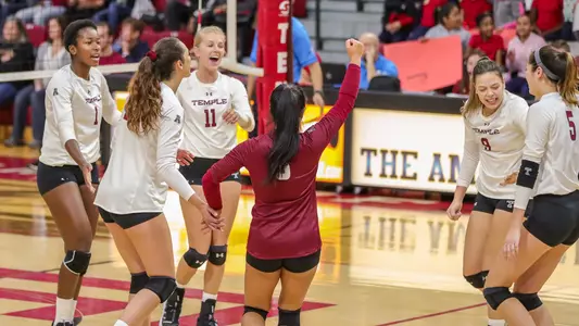Temple Volleyball celebrates a point in a match against UConn this fall.