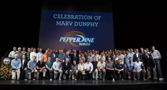 Current and former Pepperdine men's volleyball players, coaches and alumni. (Photo by Ron Hall)