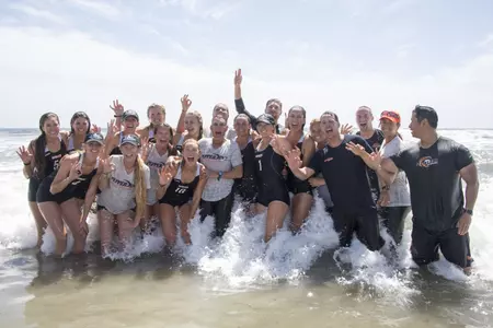 April 21, 2018; Santa Monica, CA, USA; XXXX during the WCC Beach Volleyball Championships at Ocean Park Beach. Kaity Bailey (11), Brook Bauer (3), Skylar Caputo (2), Maddie Dilfer (12), Heidi Dyer (22), Jordan Ferrari (32), Alexis Filippone (15), Katie Gavin (23), Gigi Hernandez (5), Delaney Knudsen, Deahna Kraft (31), Nikki Lyons (4), Nina Matthies, Corinne Quiggle (1), Madalyn Roh (10), Marcio Sicoli (Photo by Kyle Terada)